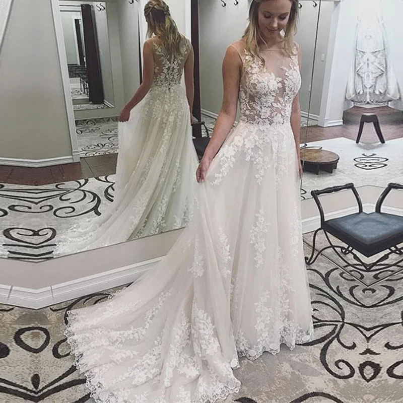 

2022 New Vestido Casamiento Wedding Dress Lace Appliques A line Sleeveless See Through Bodice Wedding Gown Vestido De Noiva