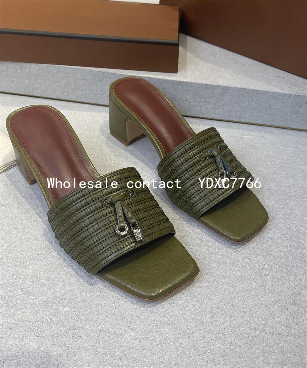 Women's mule metal lock babouche European and American style summer new walking suede calf leather slippers High Heels Sandals