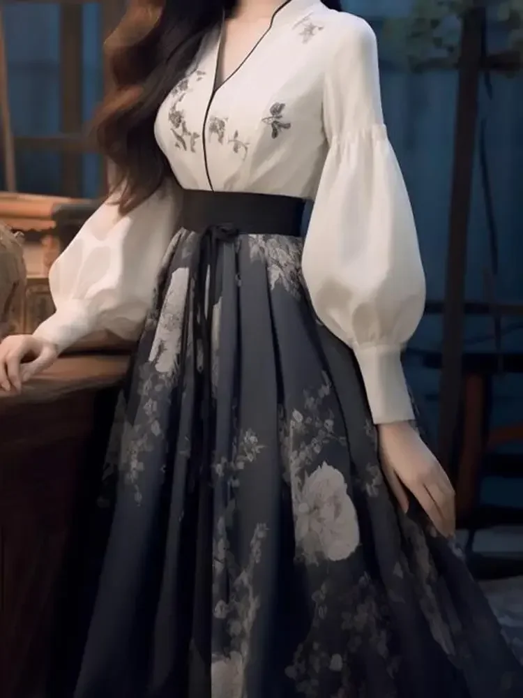 

Chinese Skirt Set Women Clothing Autumn Spring Office Lady Elegant Temperament Women's White Top Print Half Skirt Two Piece Set