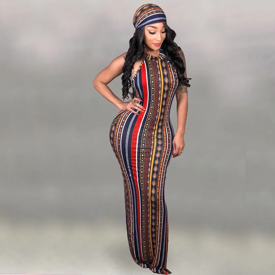 

European and American women's spring and summer fashion sexy striped bohemian printed dress (including headscarf)
