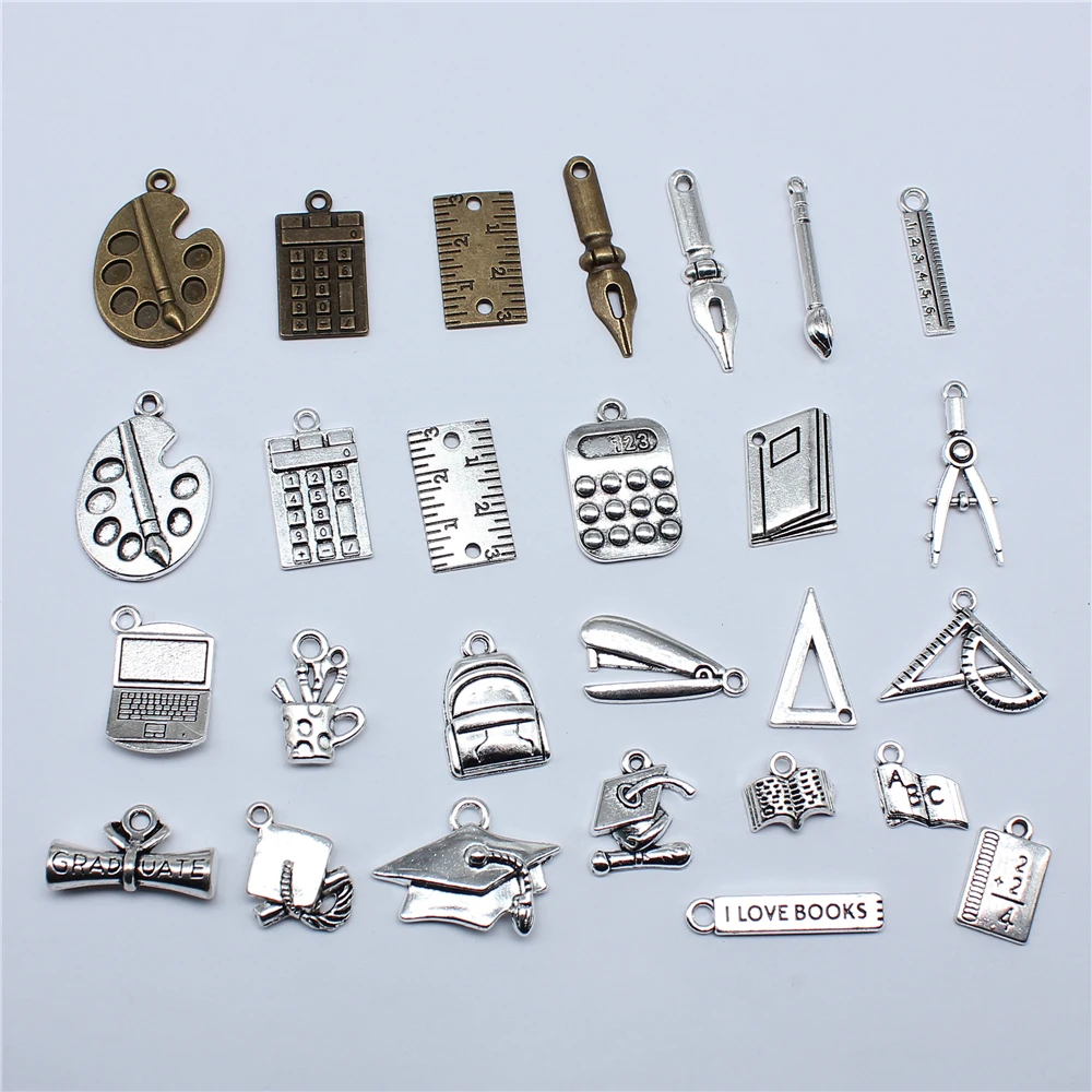 

20pcs School Charms Ruler Pen Book Calculator Bachelor Cap Compass Charms For Jewelry Making