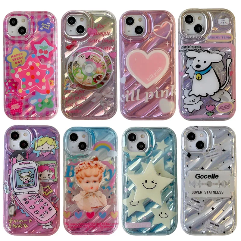 

Korea Pop Fashion Ring Holder IMD Phone Case For iphone 14 12 13 Pro Max i11 13pro 14pro 12pro Girl Cute Pink shining Soft Cover