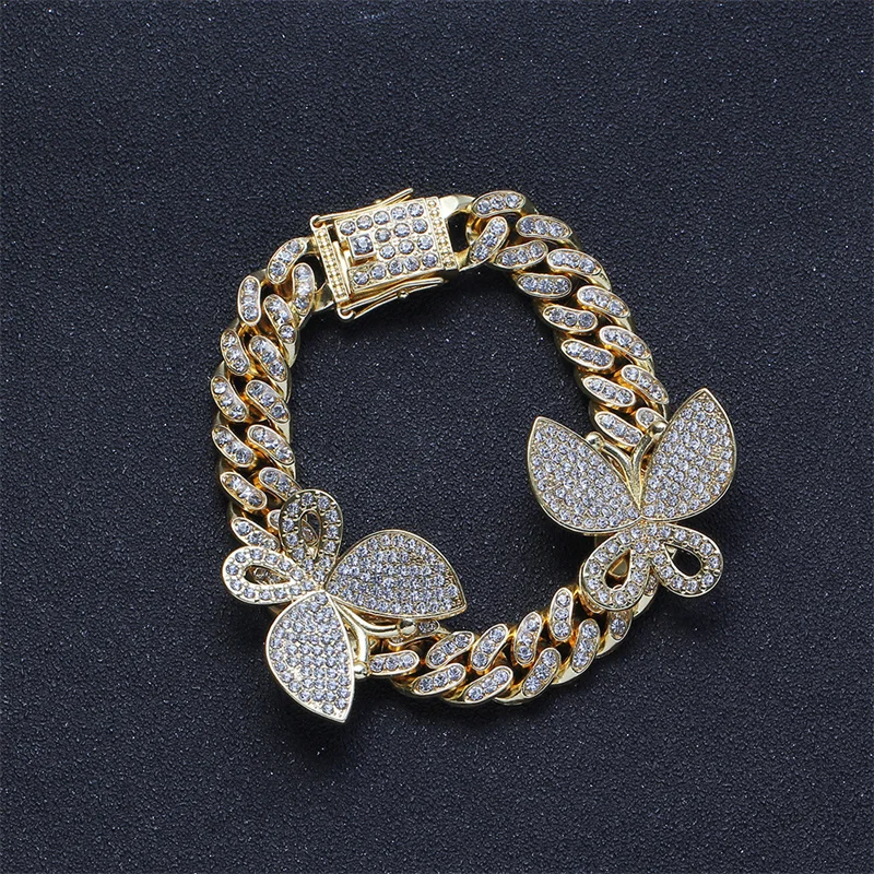 

12mm Single Row Bracelet Alloy Inlaid Zircon Cuban Chain Big Butterfly New Hip-hop Exaggerated Nightclub Personality Bracelet
