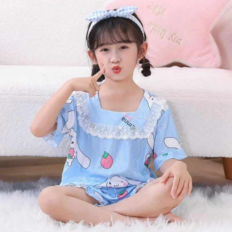 

New Summer Kids Pajamas Set Kawaii Sanrioed Anime My Melody Kuromi Cinnamoroll Kids Cotton Pajamas Girls Loungewear Girls Gifts