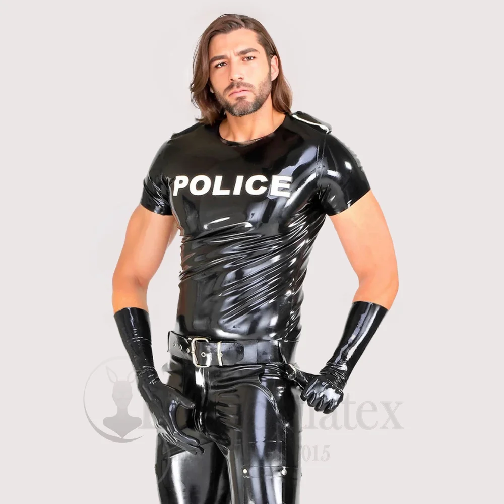 

Латексная Мужская футболка прозрачные мужские латексные фетиш костюм кошки Косплей полиция резиновые Боксеры Шорты