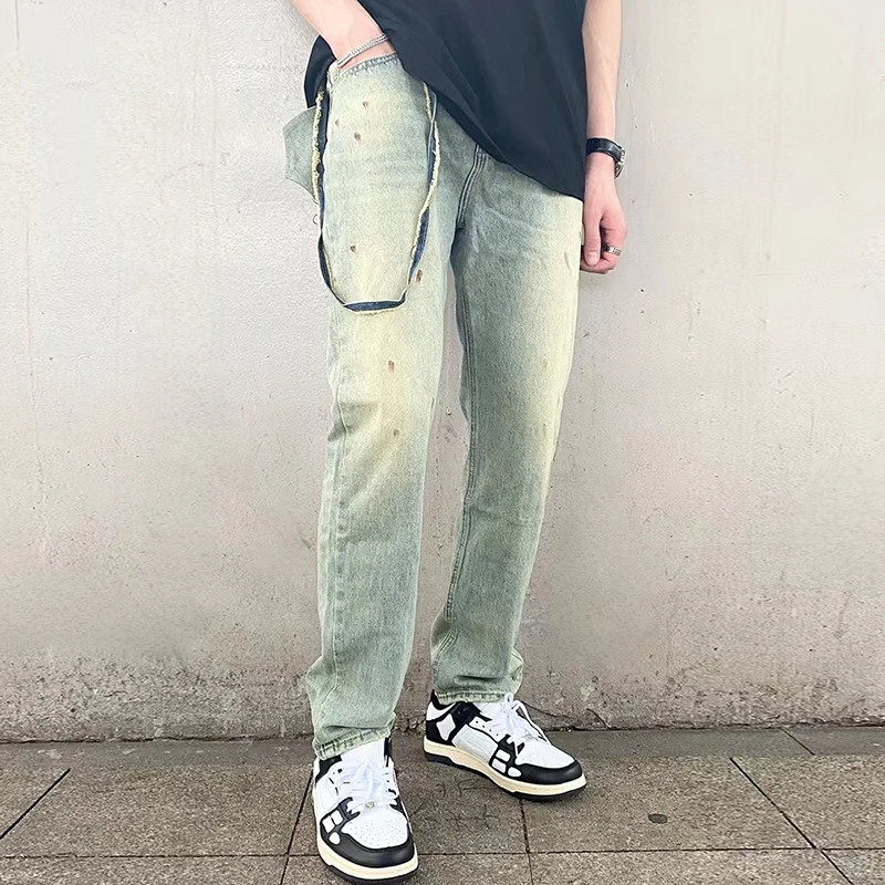 

High Street Hand Painted Distressed Washed Design Patchowrk Mens Jeans Pants Stragiht Streetwear Ripped Casual Denim Trousers