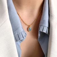 niche light luxury oval natural stone crystal necklace aquamarine necklace pendant blue temperament opal clavicle chain jewelry