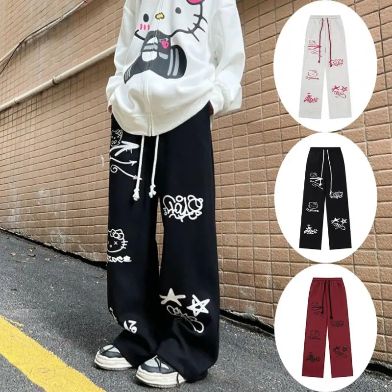 

Autumn New Sanrio Hello Kitty Hiphop Retro Sports Sweatpants Y2K Print Loose Straight High Waist Casual Pants Cute Girl Gift
