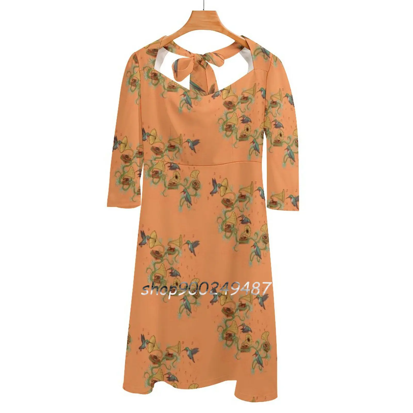 Phono & Fauna Evening Party Dresses Midi Sexy Dress Female Sweet One Piece Dress Korean Birds Nature Vinyl Record Fauna