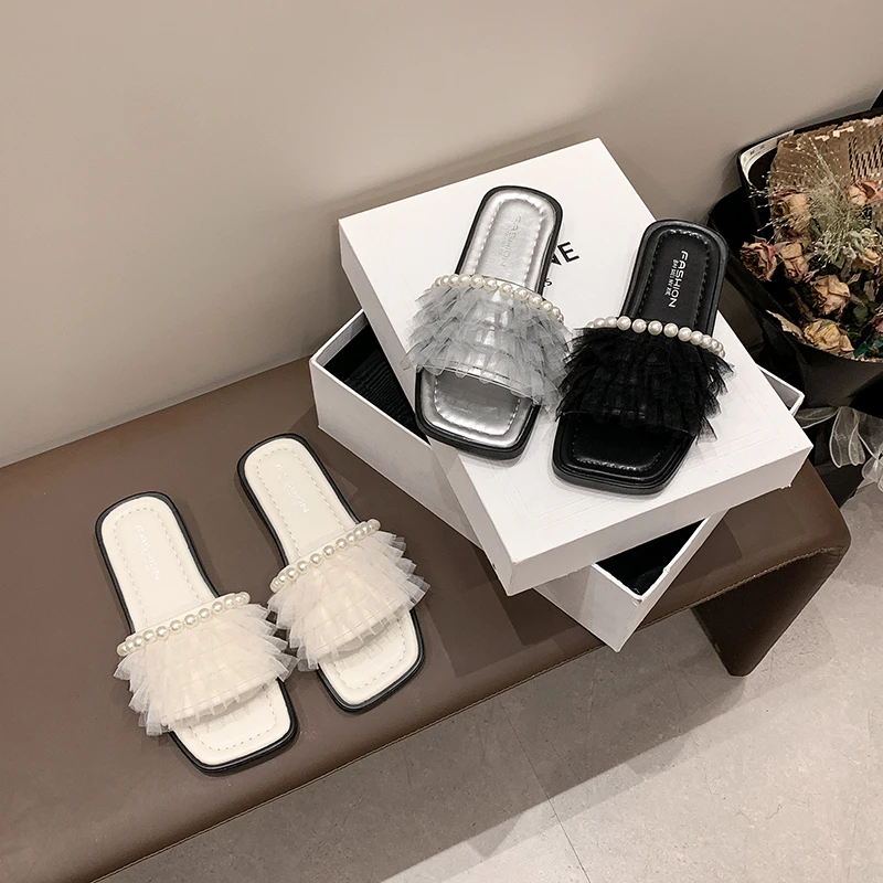 Женские летние шлепанцы сандалии с квадратным сетчатым жемчугом мягкая подошва