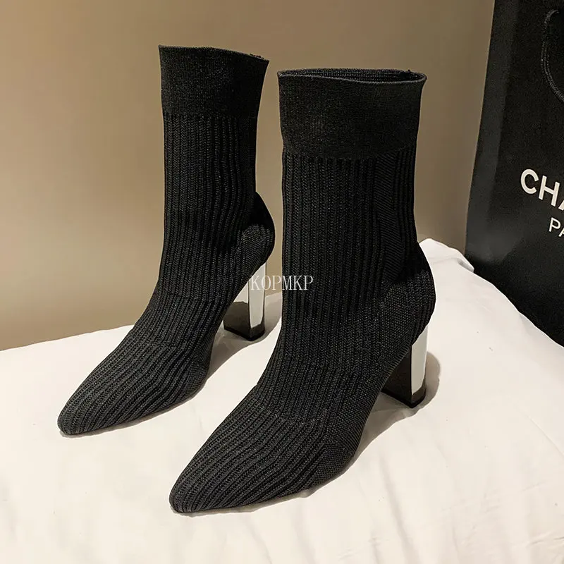 

Женские трикотажные ботинки-носки, эластичные ботильоны на квадратном каблуке, Размеры 35-42, для осени и зимы, 2023