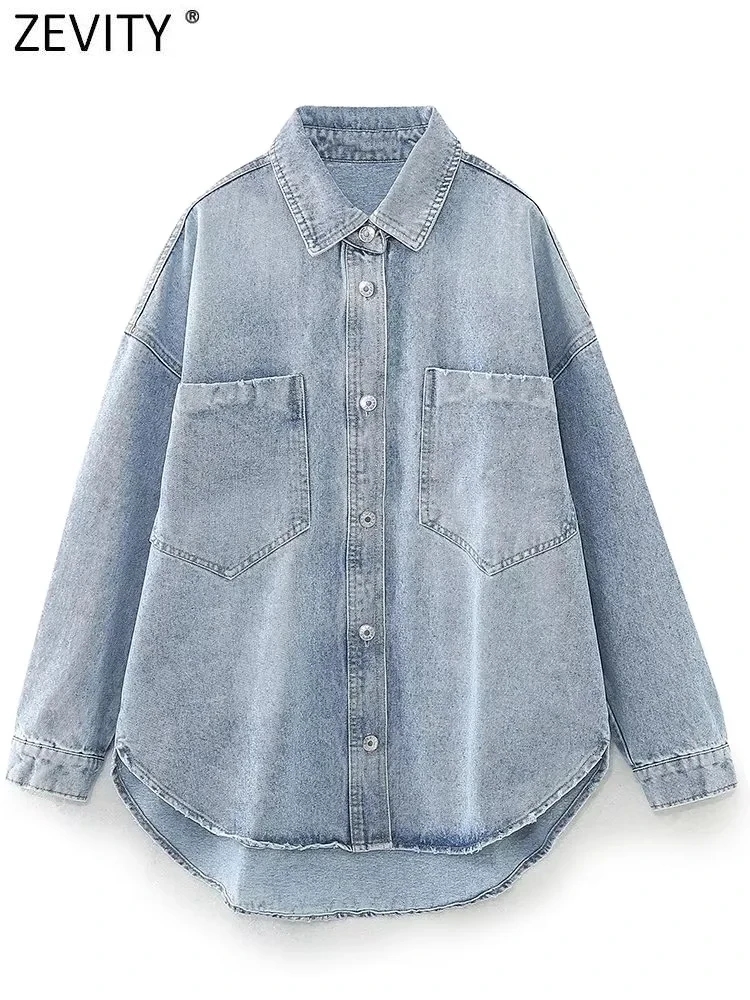 

ZEVITY 2023 Women Fashion Pockets Patch Oversize Denim Jacket Female Outerwear Chic Buttons Casual Loose Shirt Coat Tops CT5396