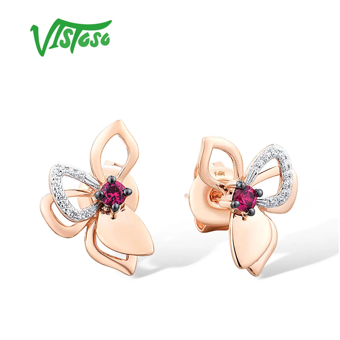 

VISTOSO Genuine 14K 585 Rose Gold Stud Earrings For Women Natural Ruby Diamond Flower Delicate Anniversary Gifts Fine Jewelry