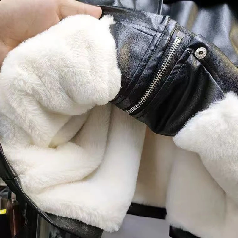 New Autumn Winter Warm Leather Jacket Women's Short Slim Faux Rabbit Fur Collar PU Biker Coat Thicken Fur Liner Female Clothing