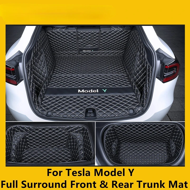

Полноразмерный передний и задний коврик для багажника автомобиля Tesla Model Y, кожаный защитный коврик из микрофибры, аксессуары для модификации интерьера
