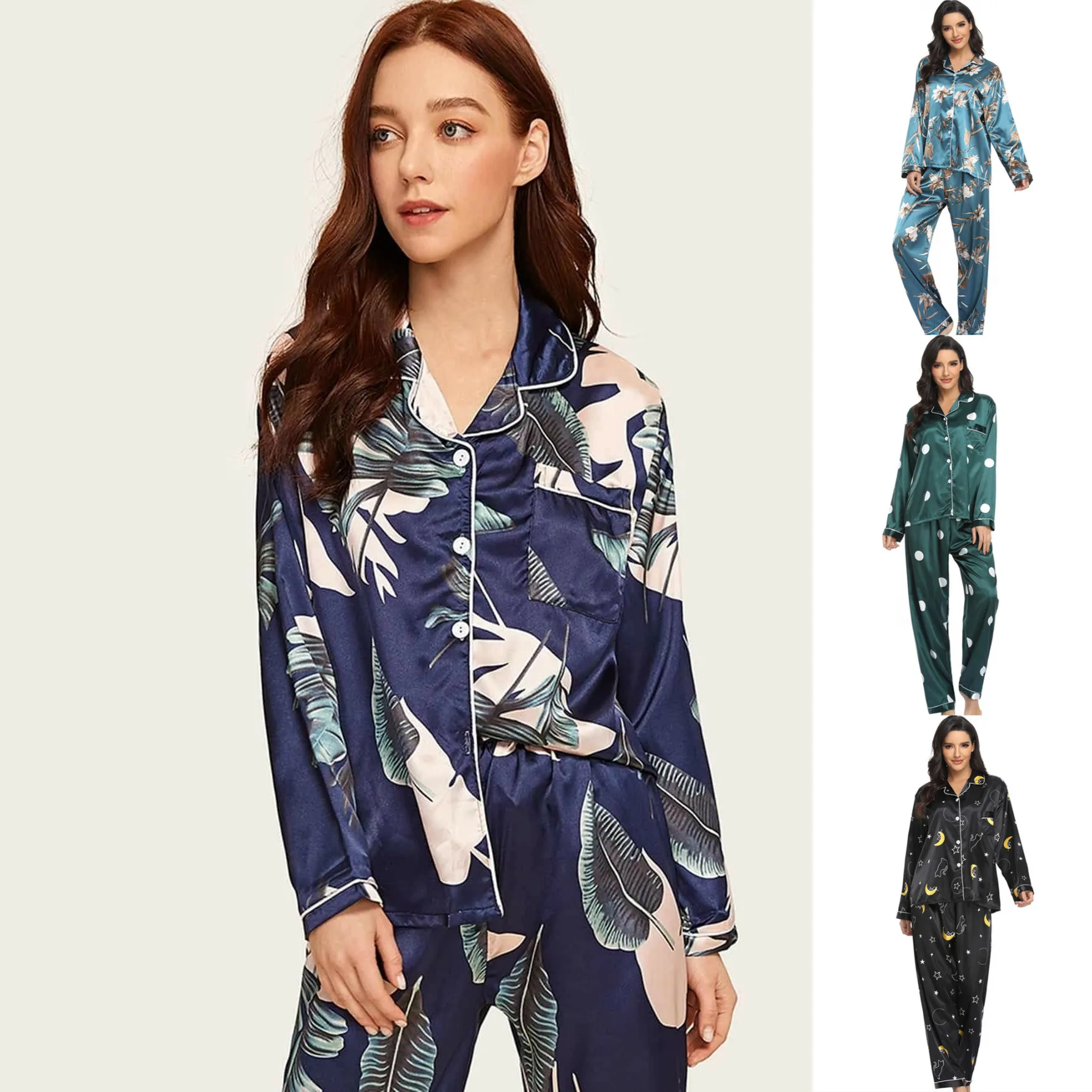 

Ladies Spring And Autumn Pajamas Set Winter Long Sleeve Mujer Pijamas Nuisette Sexy Lingerie Silk Satin Pajamas Set 2 Pieces
