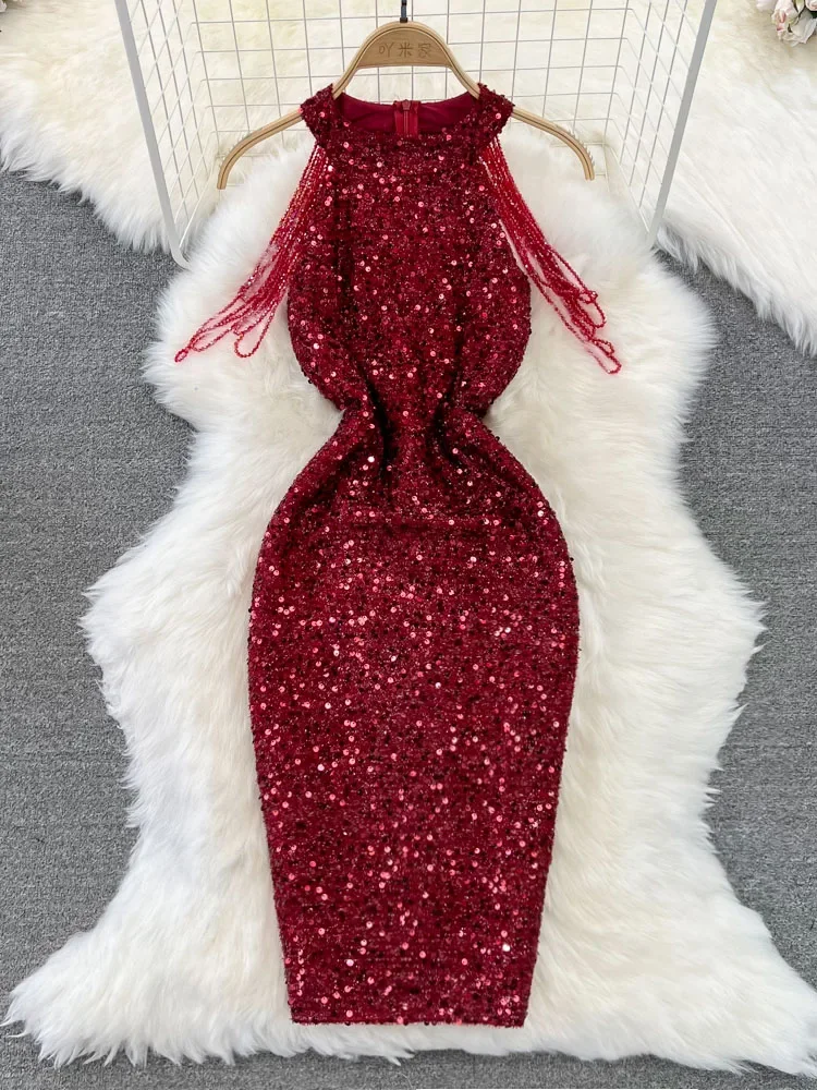 

Женское облегающее платье с блестками, элегантное платье средней длины с открытыми плечами и отложным воротником, модель D5554 в Корейском стиле на лето