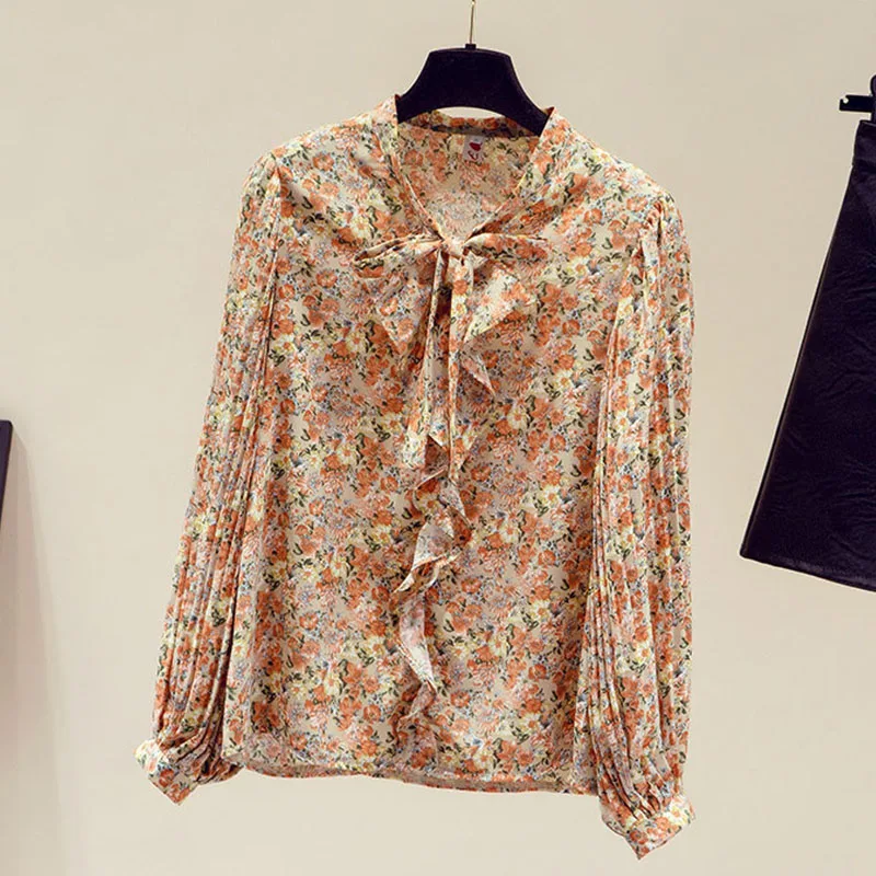 Женская шифоновая блузка с цветочным принтом плиссированным рукавом |