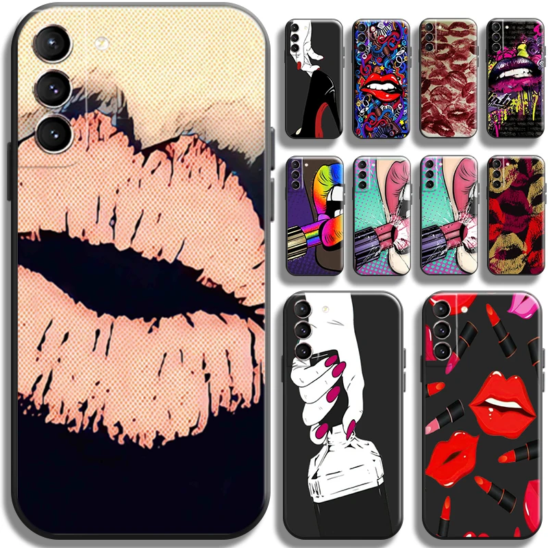 

Sexy Girl Kiss Red Lips Phone Case For Samsung Galaxy S22 S21 S20 S10 10E S9 S8 Plus S22 S21 S20 Ultra FE 5G Carcasa Soft Black