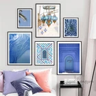 Постер в стиле бохо, Настенная картина с изображением пляжа, пальмового листа, ботаны, синяя Марокканская Береговая Картина на холсте, скандинавские принты, картины, декор для гостиной