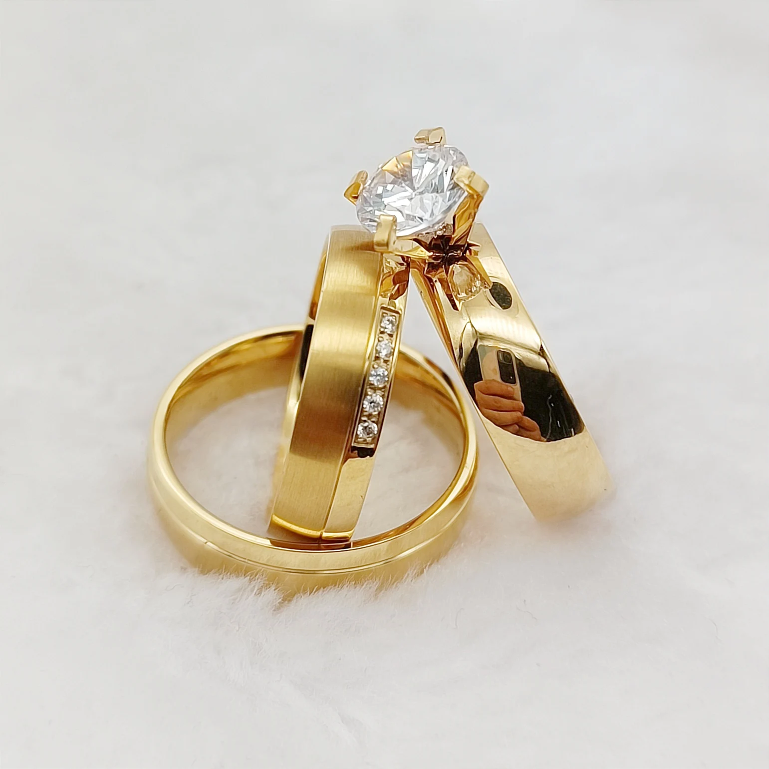 

Wholesale Proposal 3PCS Wedding Engagement Rings Sets for Couples Lovers 24k Gold Plated Jewery Cz Diamond Ring