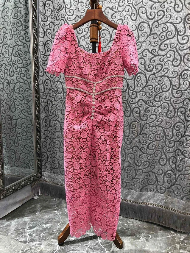 

Женское ажурное платье с коротким рукавом, водорастворимое платье с квадратным вырезом и стразами, 2023