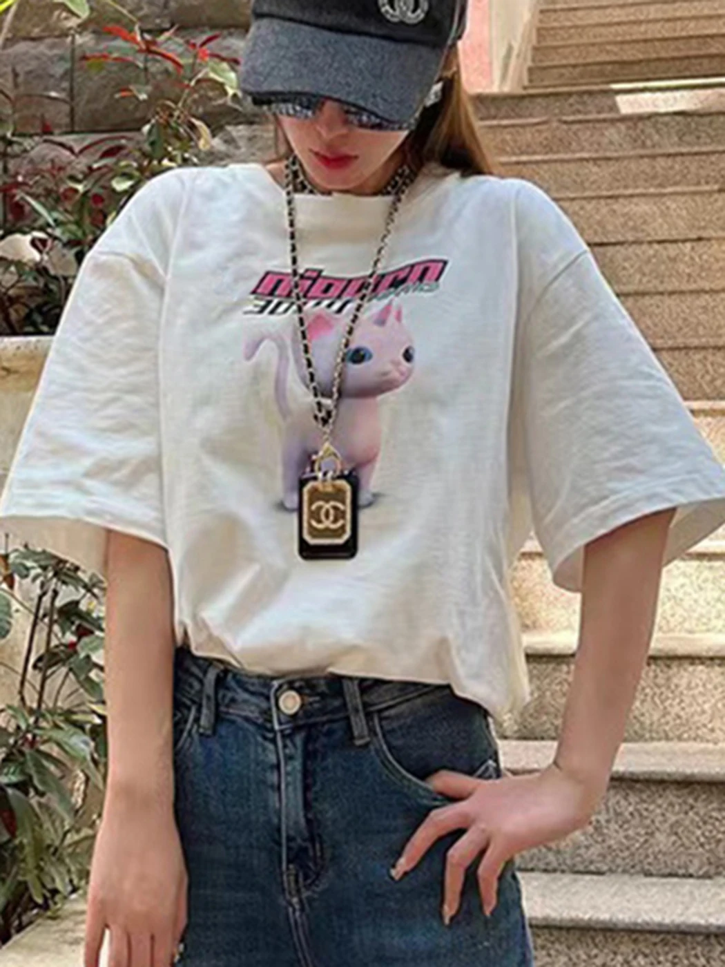 

Loose Cartoon Print Cotton T-shirt Top Women Streetwear Round Neck Short Sleeve T-shirts Simple Casual Summer Tee Tops 2022