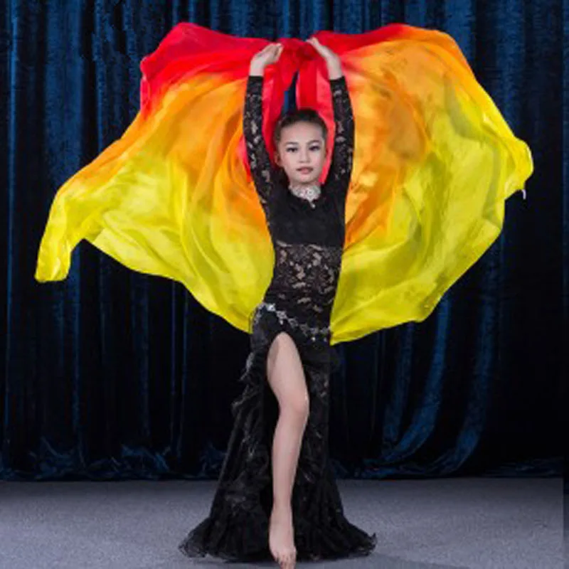 

New 2017 kids belly dancing 100% real silk Veils Children/Girl Stage Performance show hand-Scarf silk fan Veils S/M size