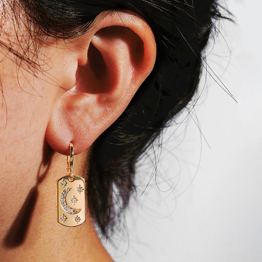 

Artilady Ear Rings for Women Geometric Dangle Hoops Earing Star Moon Zircon Earrings Luxury Ladies Earrings Gold Plated Jewelry