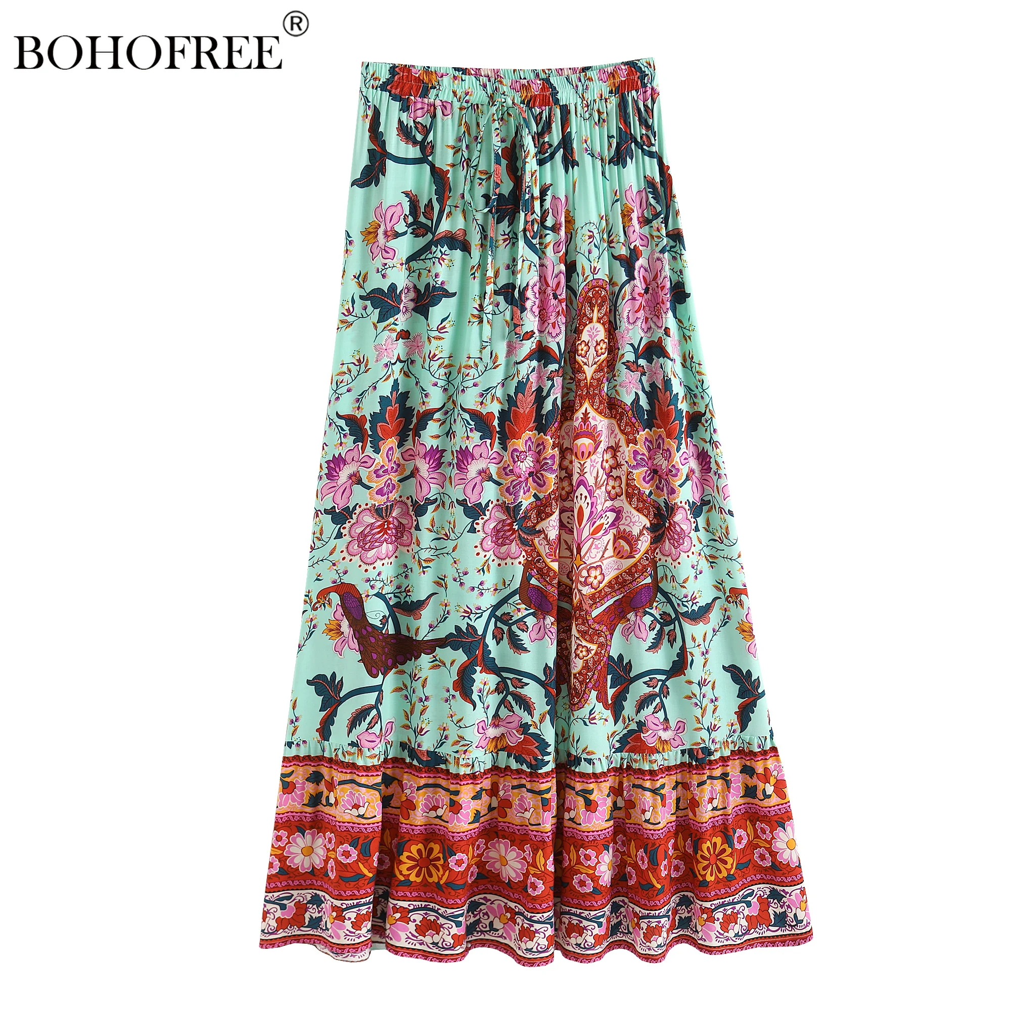 

Boho Vinatge Elastic Waist Rayon Cotton Fadal Casual Floral Print Maxi Hippie Women Skirts Bohemian Ethnic Skirt