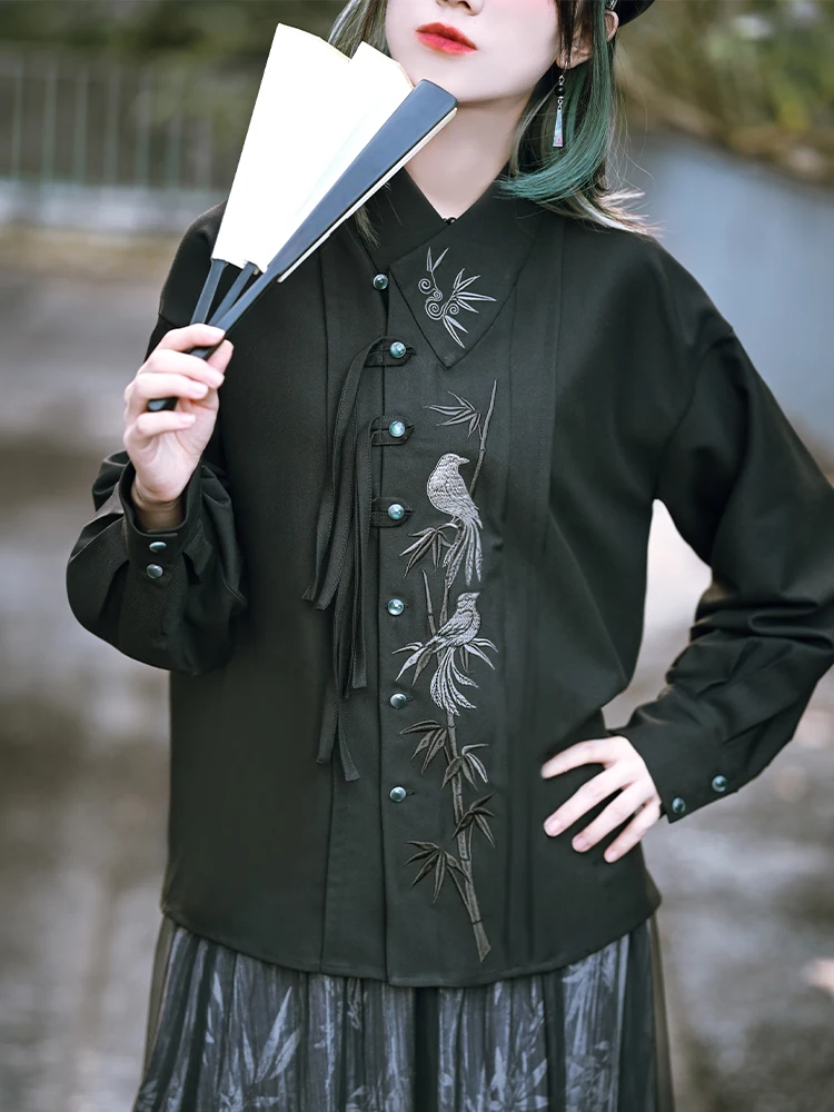 Популярный дизайн Sense новая черная рубашка с длинными рукавами и китайской