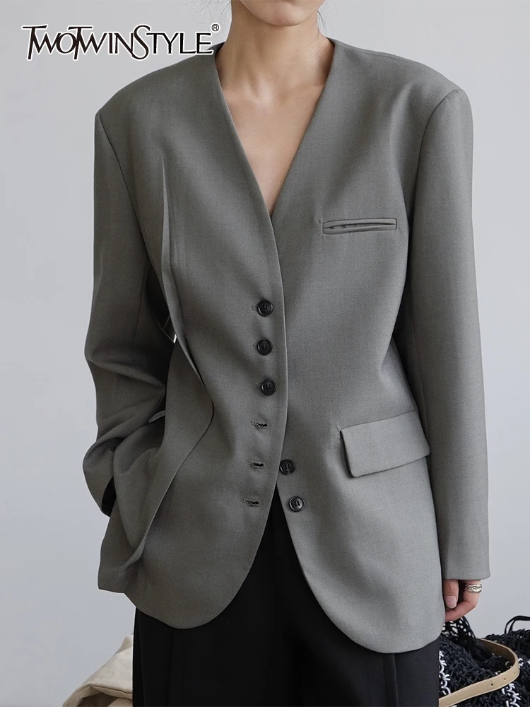 

TWOTWINSTYLE Solid Minimalist Blazers For Women V Neck Long Sleeve Patchwork Buttons Loose Chic Blazer Female Fashion Clothing