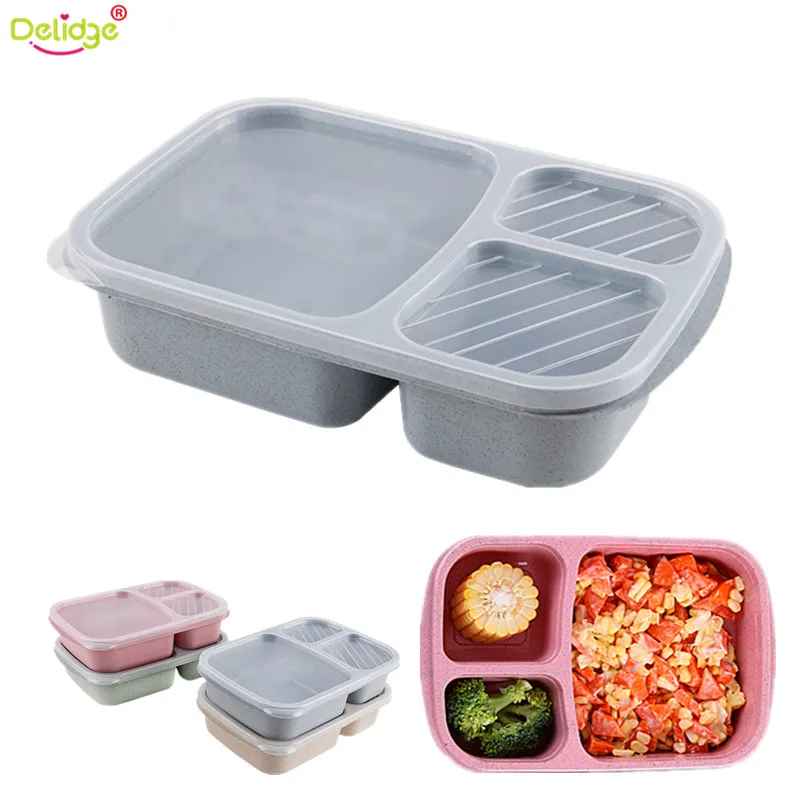 

1 pc 3 Grid Portable Cutlery Set Plastic Wheat Straw Food Crisper Picnic Tableware Set With Microwave Cutlery Box