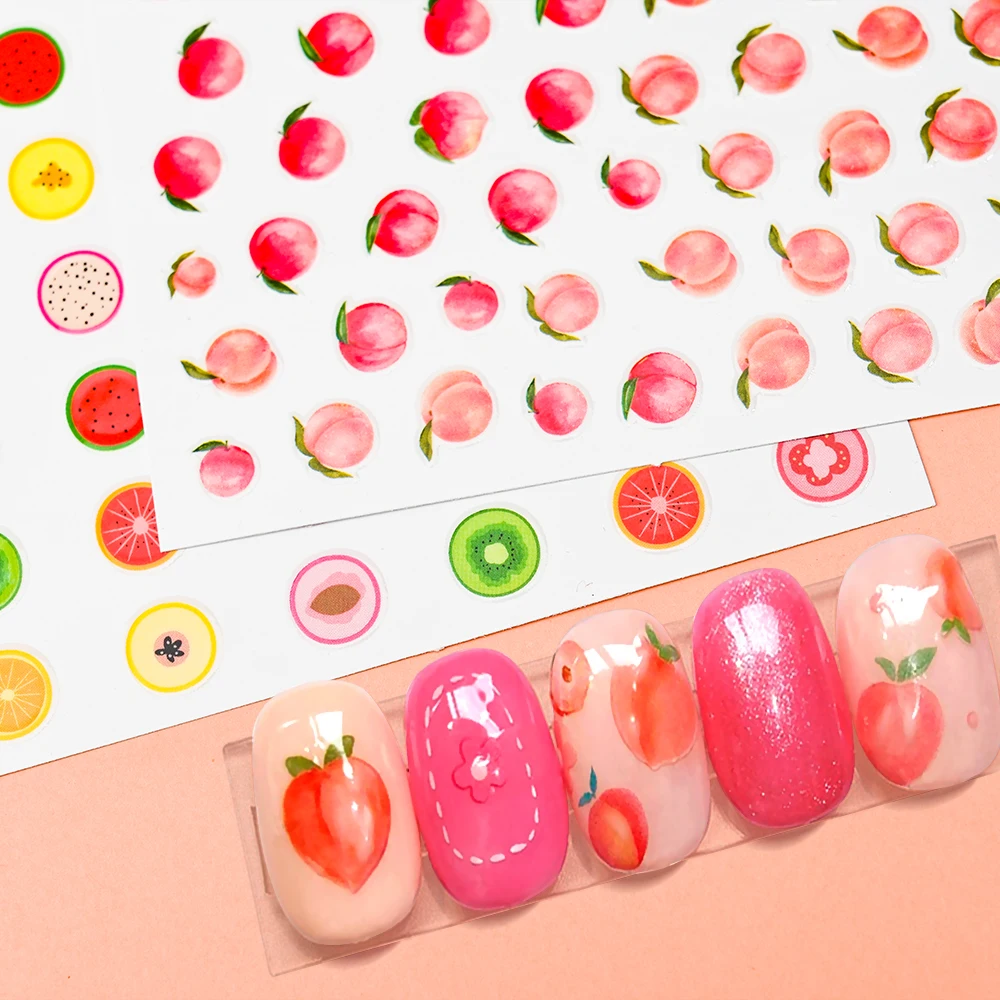 

5D Pink Peach Nail Art Stickers 8*10cm Fruits Peach Cherry Fruit 3d Waterproof Stickers For Fruit Peach Manicure Slider H-021