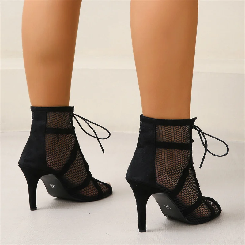 Dance Shoes Black Women's High Top  Ballroom Boots Salsa Tango Shoes Girl Fashion Party Mesh Cutout High Heel Sandals Summer