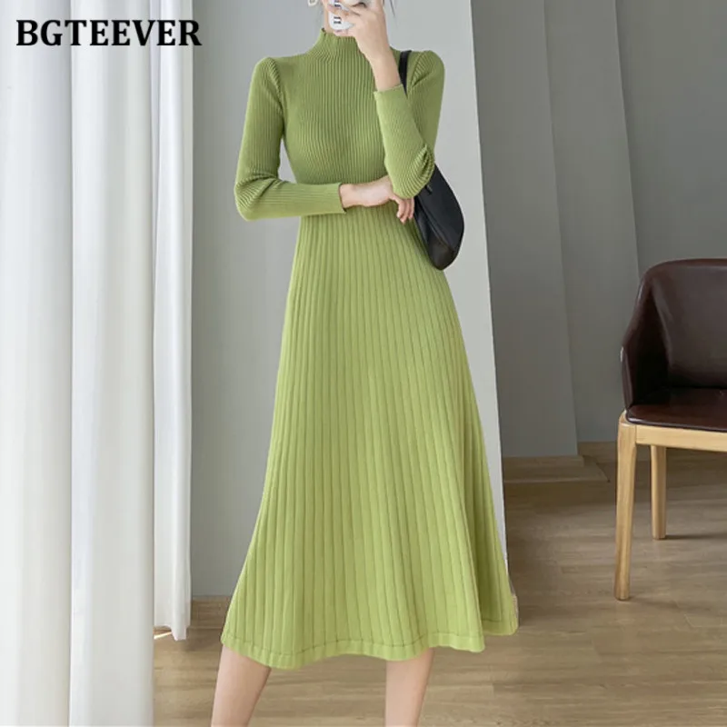 

BGTEEVER Autumn Winter Half Collar Ladies Knitted Pleated Dress Elegant Long Sleeve Slim Waist Women A-line Sweater Dress