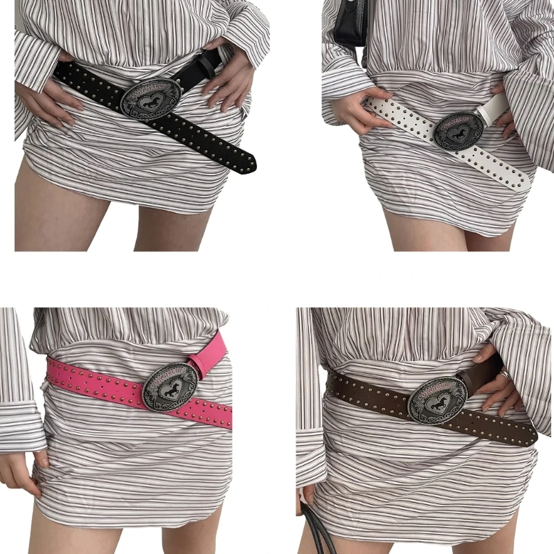 

Simple Adult Rivet Waist Belt with Adjustable Relief Pattern Buckle Waistband PU Waist Belts for Women Commuting Belt