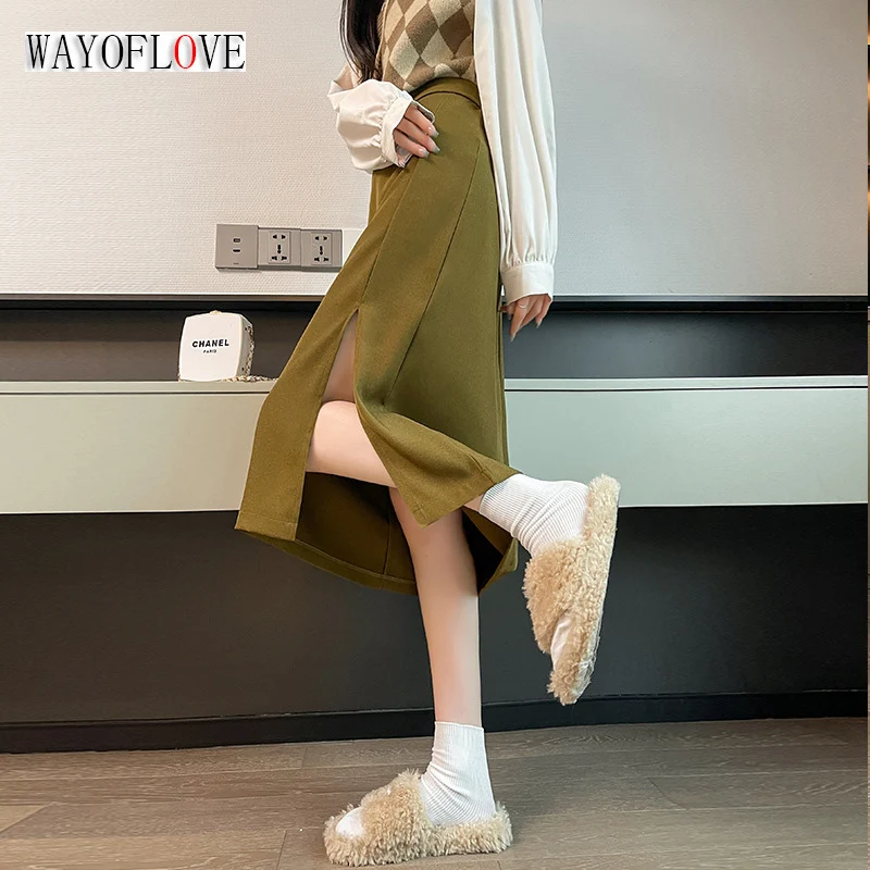 

WAYOFLOVE Ladies Spring Summer Elegant Mid Skirt With Slit High Waist Package Hip Solid Slim Skirts Casual Stylish Skirts Women