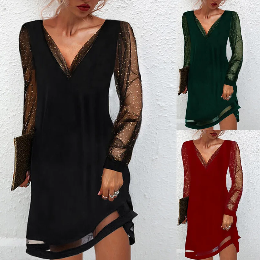

2022 women's wear solid color lace edge sleeve V-neck Pullover irregular dress, long sleeve mesh straight dress, bright splicing
