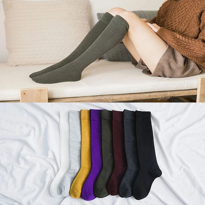 

1 Pair Trend High Tube Cotton Socks Solid Color Thin Section Medium Long Calf Legs Pile Socks College Style Flat Socks Stockings