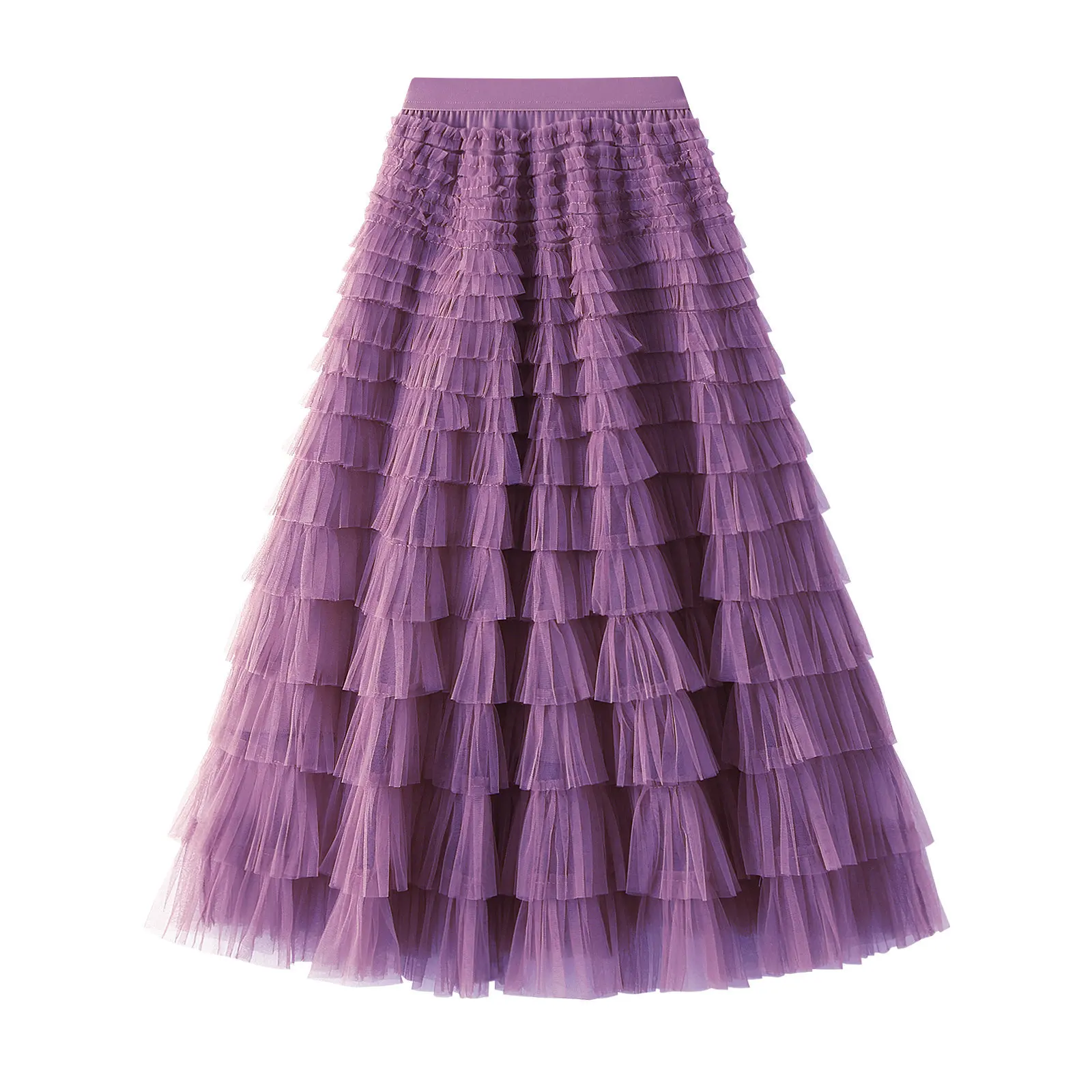 

Elastic Women Multilayer ruffles High Waist Long Tulle Skirt Pink Mesh Tutu Skirt 2023 Spring Temperament skirt Ladies Party
