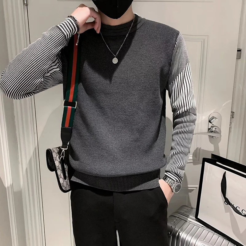 

Half Turtleneck Sweater Men's Slim Round Neck Pullover Top Trendy Handsome Striped Knitted Bottom Line sweater