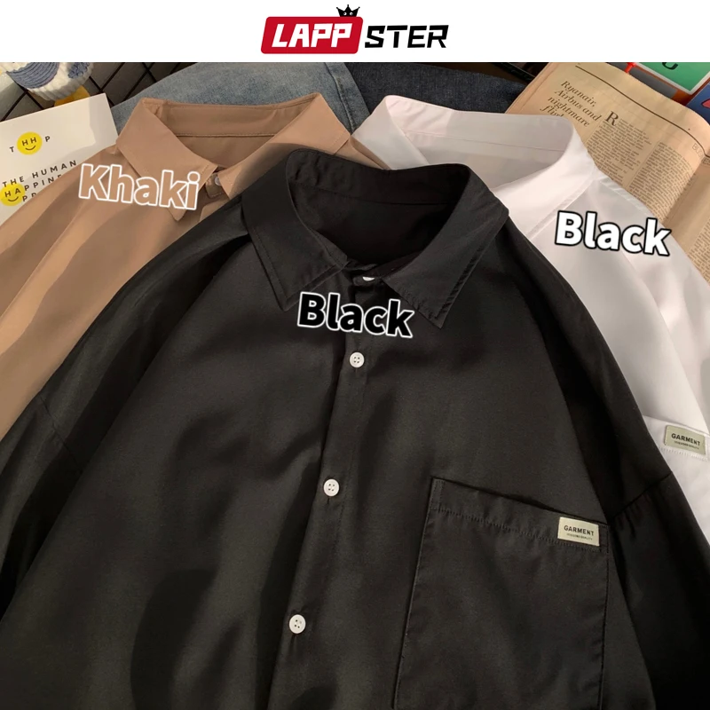 

LAPPSTER Men Vintage Graphic Long Sleeve Shirt 2022 Mens Black Harajuku Shirts Korean Fashion Unsiex Hawaiian Collared Shirt