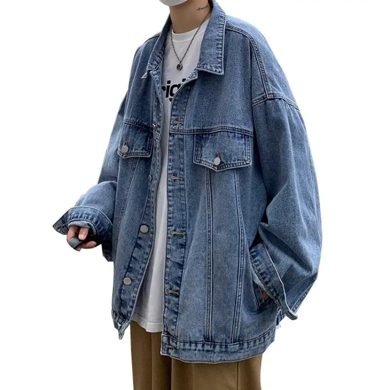 American vintage Denim coat Men's Autumn and Winter High Street Pu Shuai Lapel Cargo Jacket Fashion Brand Loose Couple Top