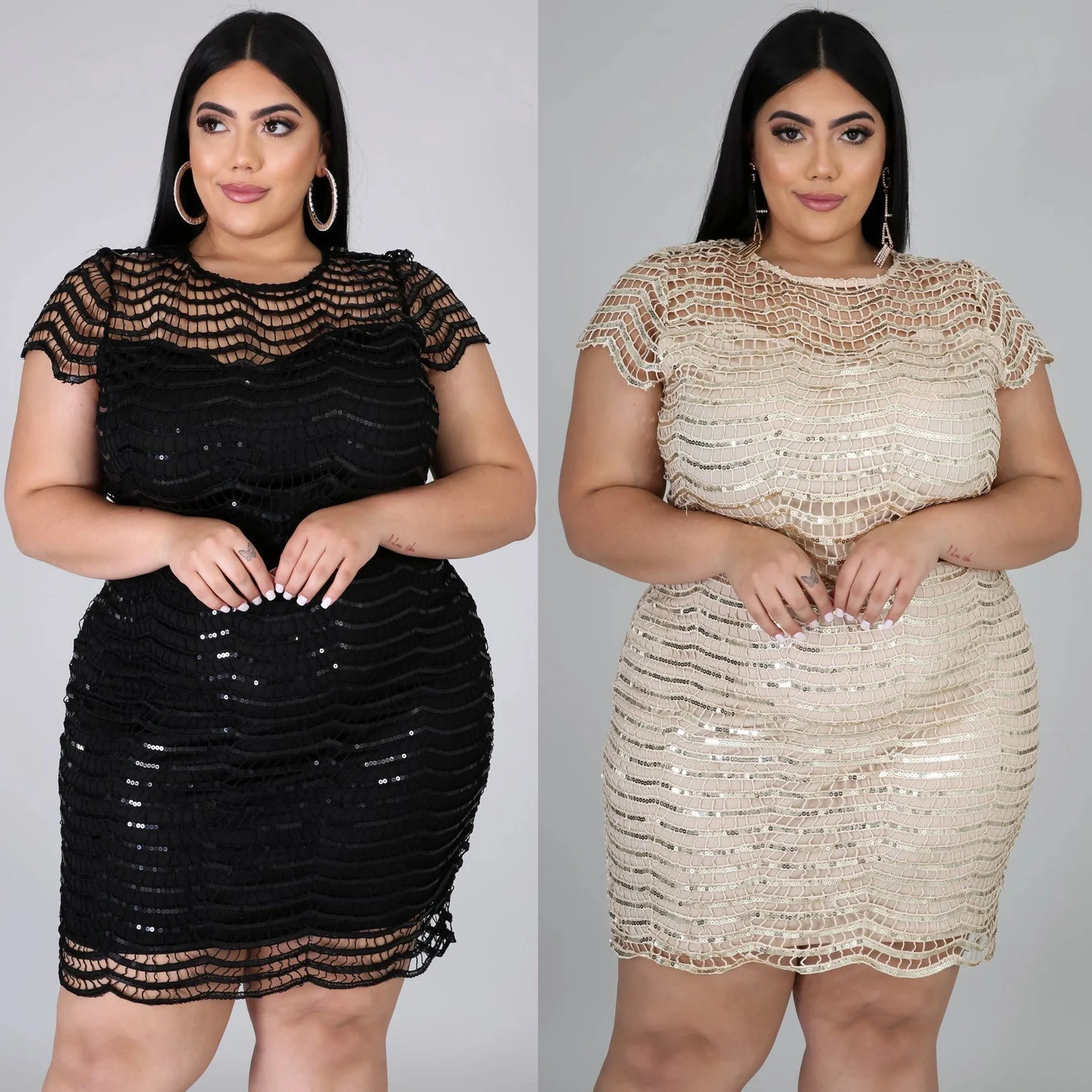 Plus Size Women's Sequin Mesh Splicing Knee Length Skirt Commuting Autumn And Winter Bottomed Round Neck Sexy And Large Dress 