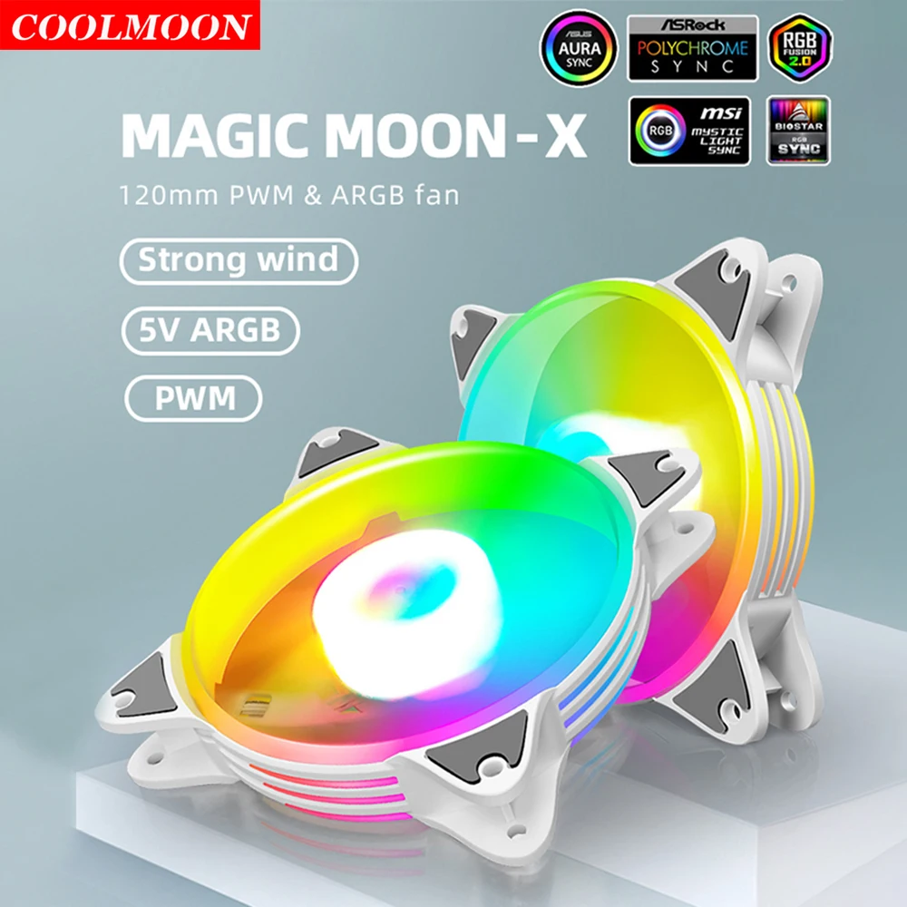 

Coolmoon 5V 3Pin ARGB LED Fan 120mm 4Pin PWM PC Case Chassis Cooler Magic Moon Heatsink Radiator for Computer Water Cooling