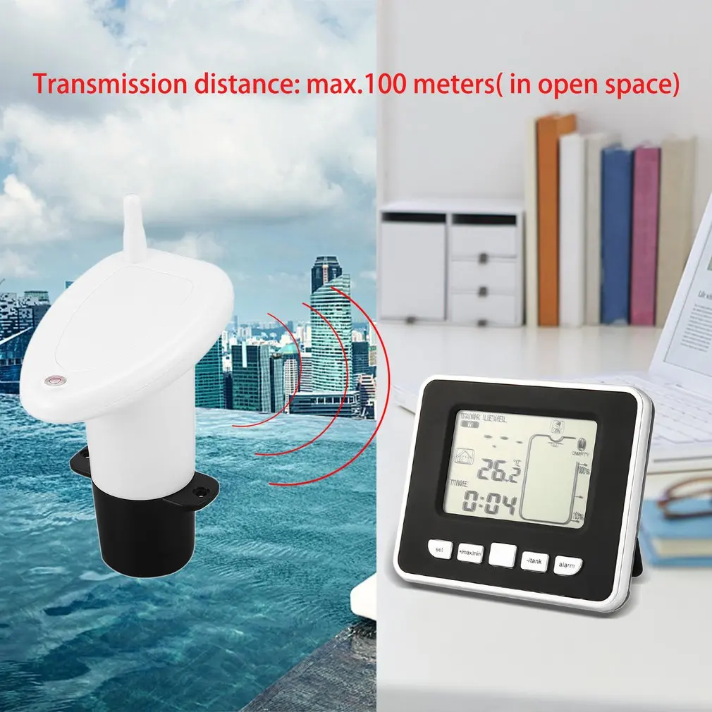 

433MHz Ultrasonic Wireless Water Tank Liquid Depth Level Meter Sensor Indicator with Temperature Display Time Alarm Transmitter