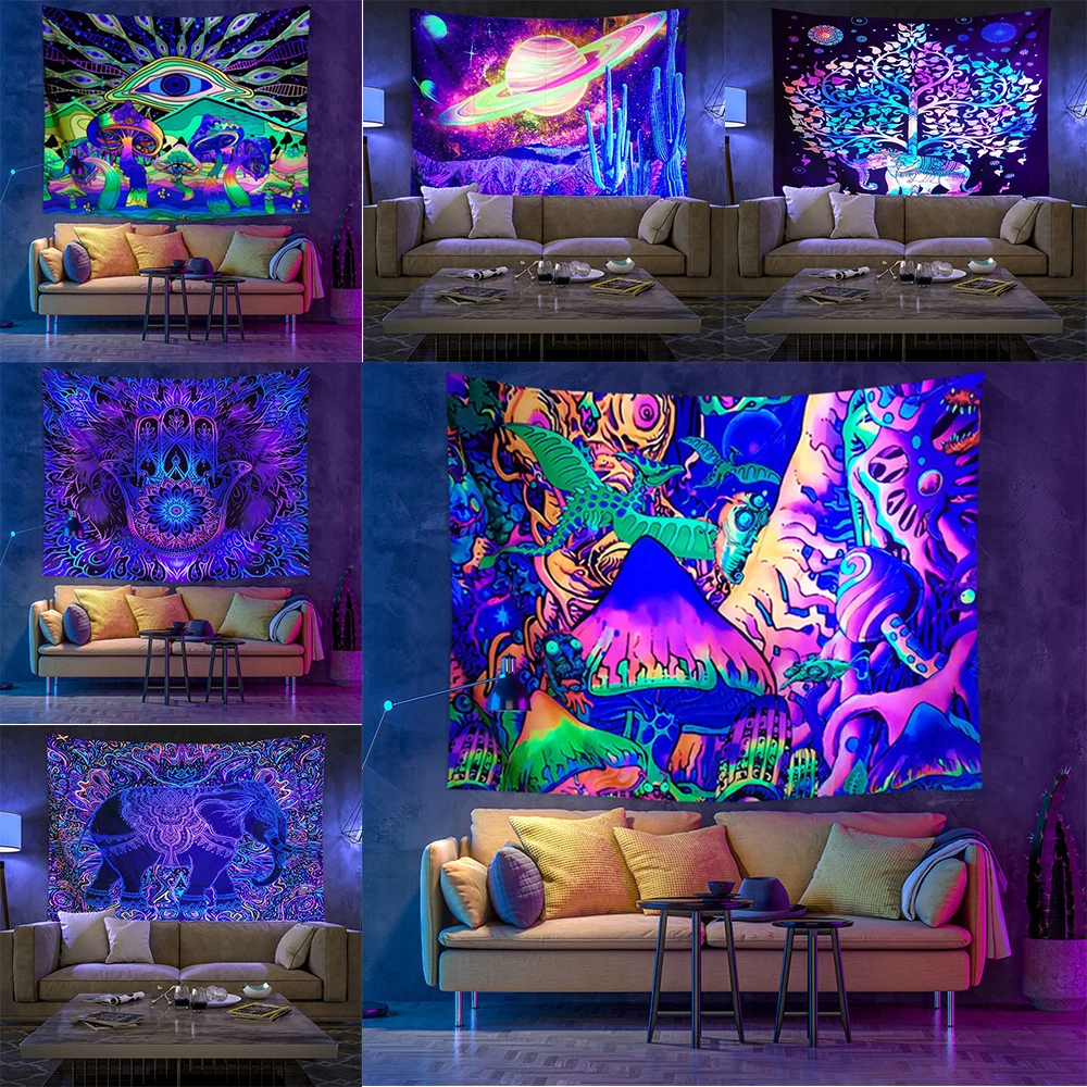 

Флуоресцентный настенный гобелен в виде грибов, светится под УФ, психоделические карты Таро, домашний декор, искусственный гобелен мандалы
