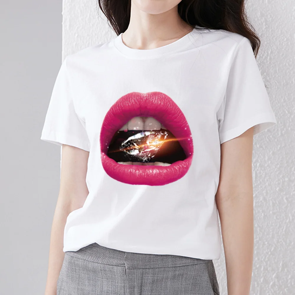 

Summer Short Sleeve Cute Mouth Printing O-neck Comfortable T-shirt Women's Funny Pullover Fashion Ladies Top Hip Hop Streetwear