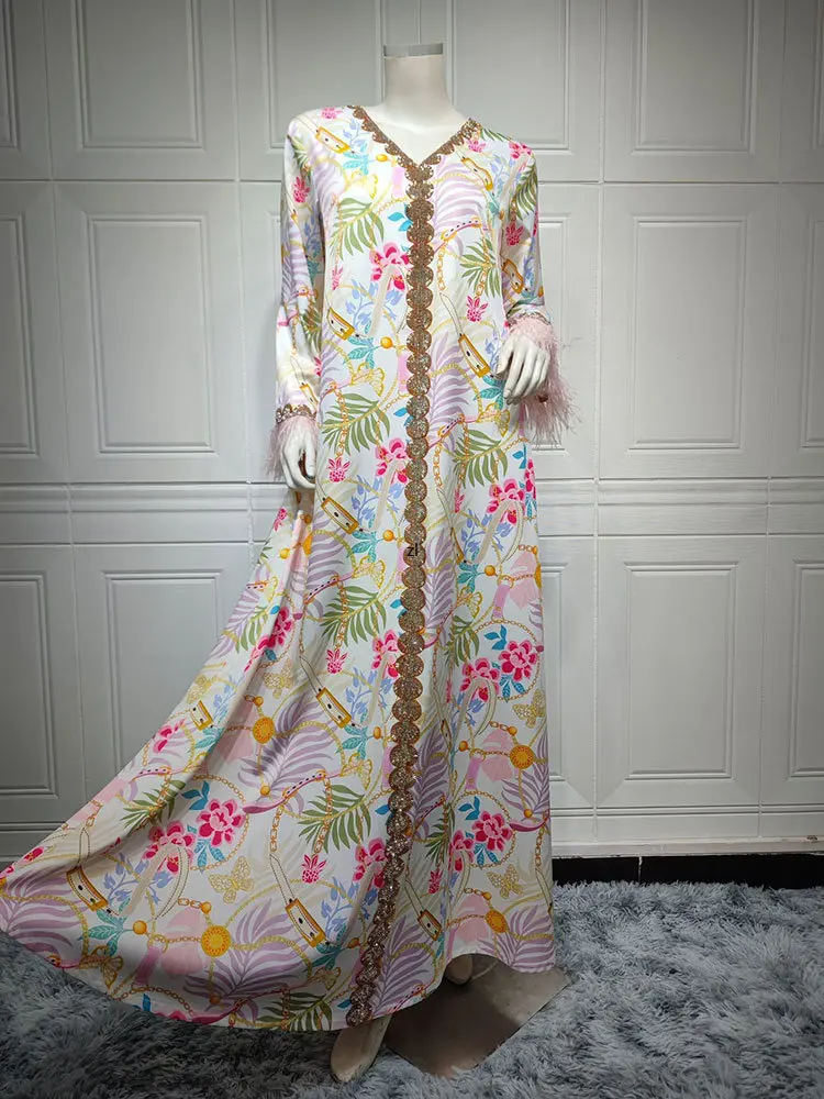 Floral Printed Abaya Arabic Long Dress Women Feather Cuff Bead Trim Eid Muslim Dresses Moroccan Caftan Gulf Jalabiya Dubai Abaya